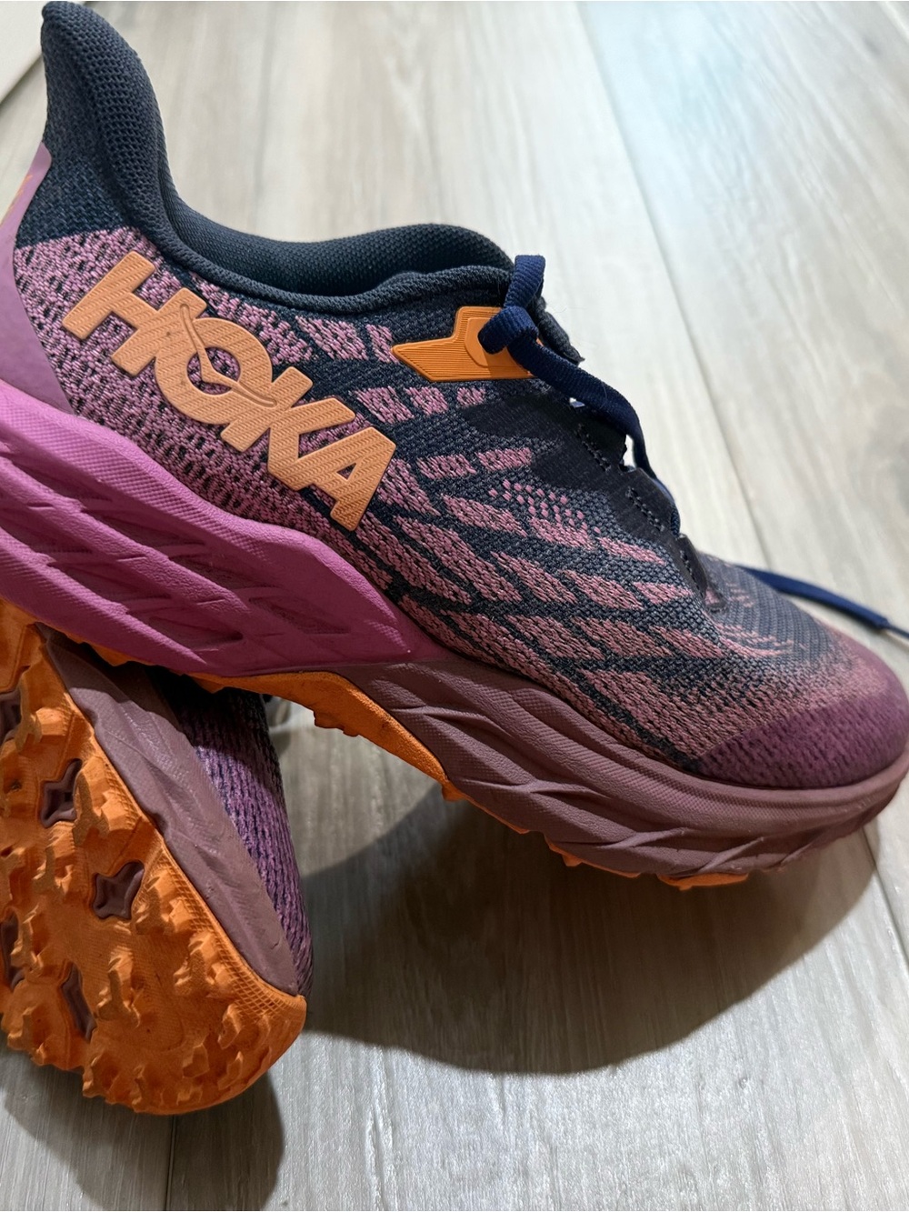 Kids HOKA Speedgoat Trail Running Shoe - Pink Purple with Orange Accents
